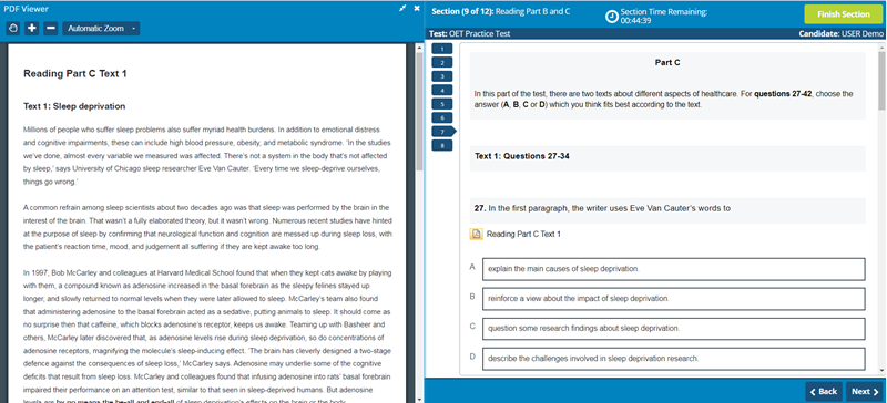 Reading Part C on computer showing text on left and questions on right