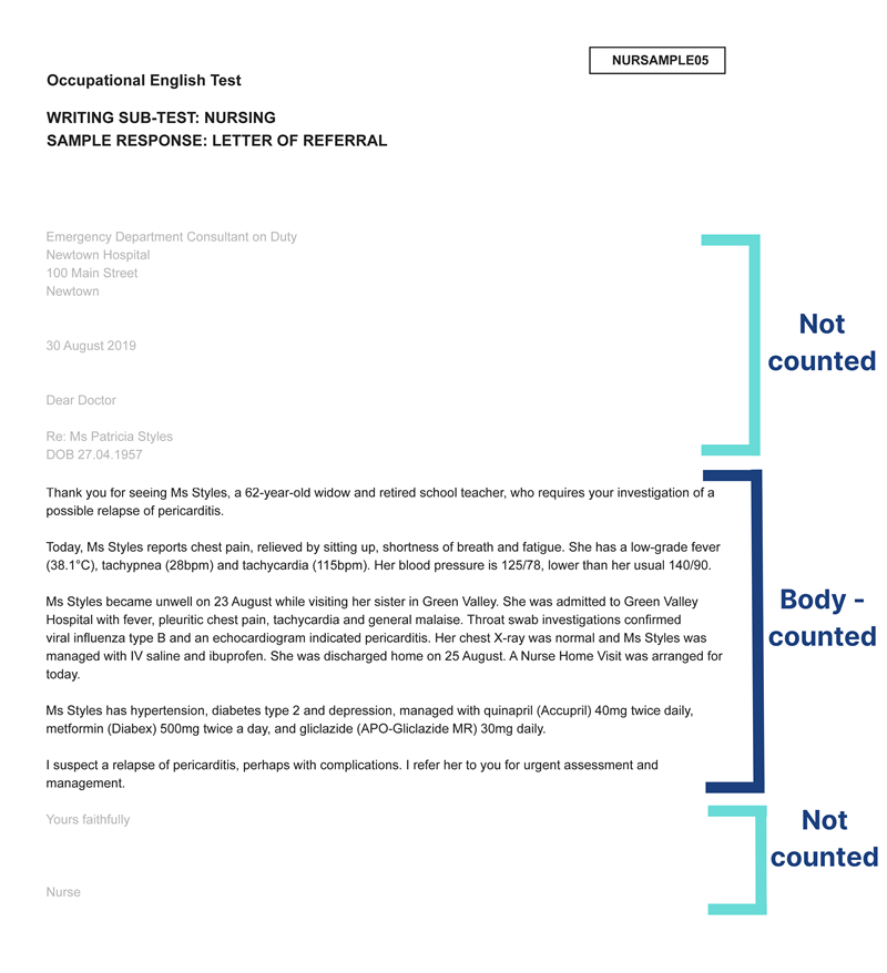 A sample OET letter with markers showing that only the body paragraphs are counted.